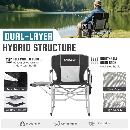 FUNDANGO FoldPro Basic L Portable Director Chair | Heavy Duty 440lb Capacity Folding Camp Chair with Side Table, Breathable Mesh Back & Padded Seat for Camping, Tailgating & Lawn