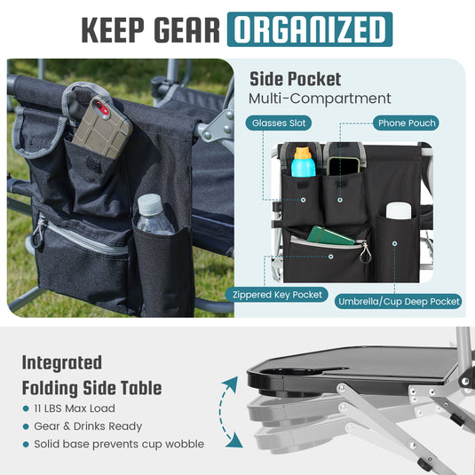 FUNDANGO FoldPro Basic L Portable Director Chair | Heavy Duty 440lb Capacity Folding Camp Chair with Side Table, Breathable Mesh Back & Padded Seat for Camping, Tailgating & Lawn