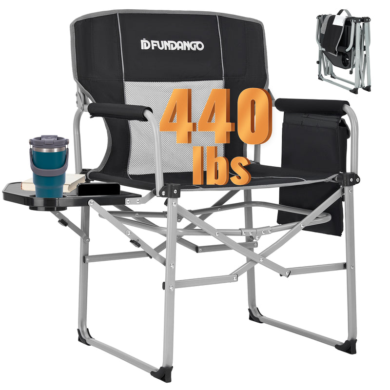 Load image into Gallery viewer, FUNDANGO FoldPro Basic L Portable Director Chair | Heavy Duty 440lb Capacity Folding Camp Chair with Side Table, Breathable Mesh Back &amp; Padded Seat for Camping, Tailgating &amp; Lawn
