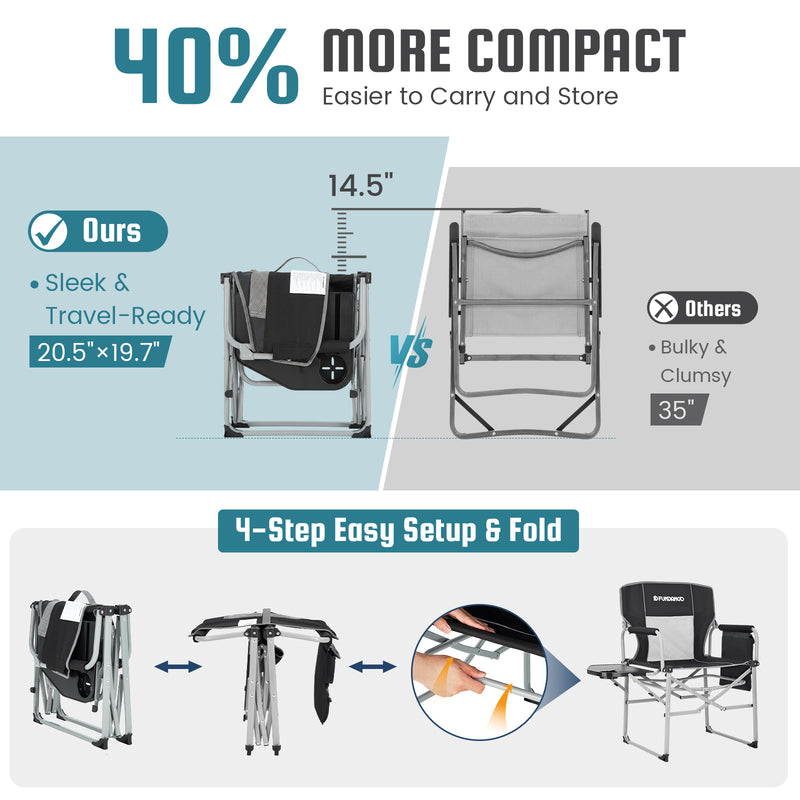 Load image into Gallery viewer, FUNDANGO FoldPro Basic L Portable Director Chair | Heavy Duty 440lb Capacity Folding Camp Chair with Side Table, Breathable Mesh Back &amp; Padded Seat for Camping, Tailgating &amp; Lawn
