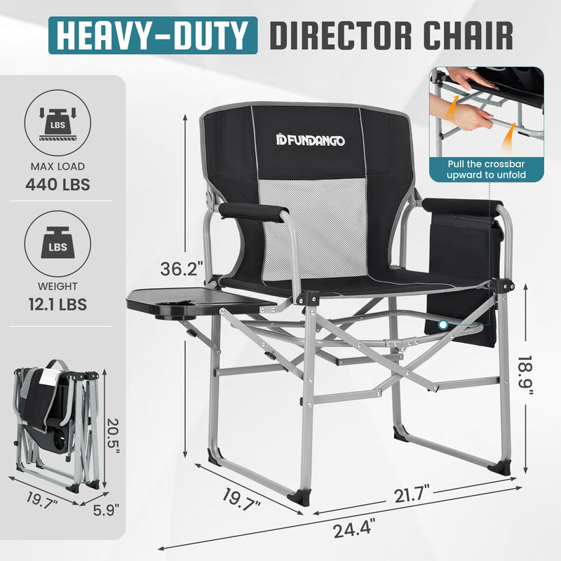 Load image into Gallery viewer, FUNDANGO FoldPro Basic L Portable Director Chair | Heavy Duty 440lb Capacity Folding Camp Chair with Side Table, Breathable Mesh Back &amp; Padded Seat for Camping, Tailgating &amp; Lawn
