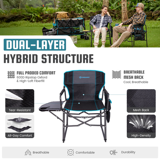 FUNDANGO FoldPro Refine L Director Chair with Side Table | Heavy Duty 440lb Capacity Camping Chair