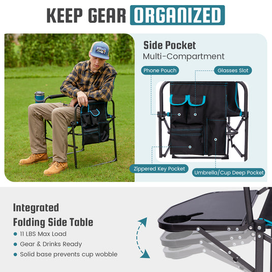 FUNDANGO FoldPro Refine L Director Chair with Side Table | Heavy Duty 440lb Capacity Camping Chair