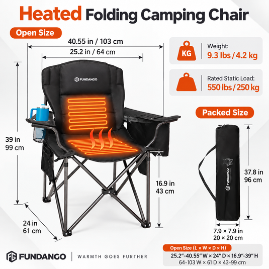 FUNDANGO Heated Camping Chair, Dual-Zone Heated Folding Armchair with 3 Heat Settings, Padded Seat & Back, 550 lbs Capacity