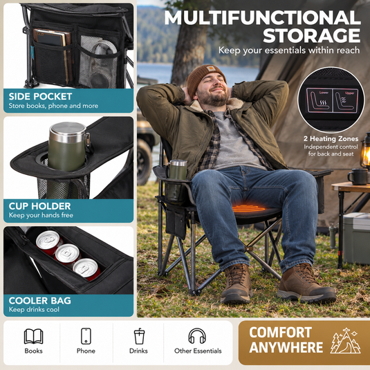 FUNDANGO Heated Camping Chair, Dual-Zone Heated Folding Armchair with 3 Heat Settings, Padded Seat & Back, 550 lbs Capacity