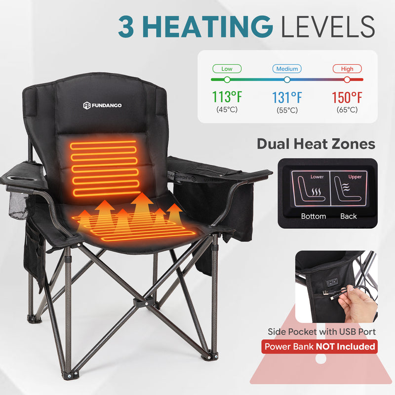 Load image into Gallery viewer, FUNDANGO Heated Camping Chair, Dual-Zone Heated Folding Armchair with 3 Heat Settings, Padded Seat &amp; Back, 550 lbs Capacity
