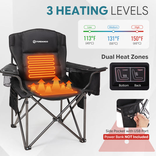 FUNDANGO Heated Camping Chair, Dual-Zone Heated Folding Armchair with 3 Heat Settings, Padded Seat & Back, 550 lbs Capacity