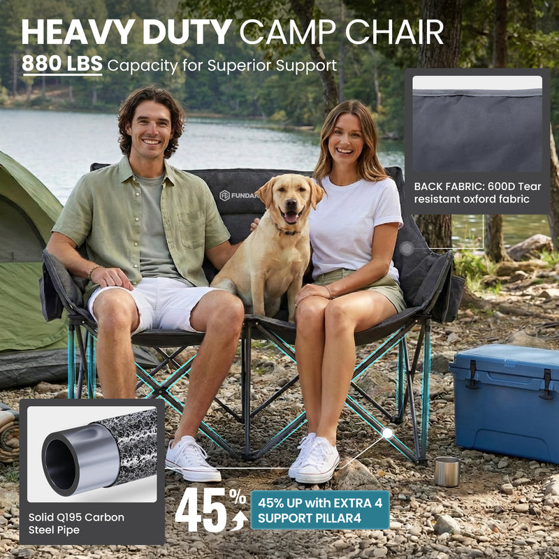 Load image into Gallery viewer, FUNDANGO Heavy Duty Double Camping Chair | Oversized Loveseat for Two with 450g Ultra-Thick Padding, Cup Holders &amp; Mesh Pocket, 880lb Capacity Portable Folding Couch for Beach, Camping &amp; Tailgating
