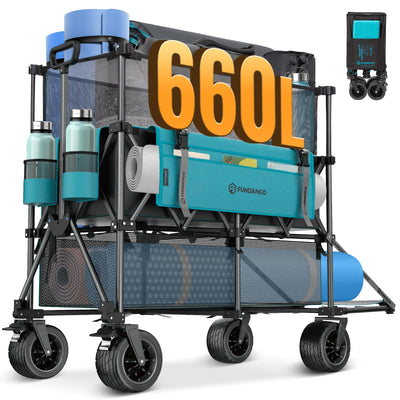 FUNDANGO Heavy Duty Double Decker Wagon – 660L Capacity All-Terrain Folding Cart with Brakes & Tailgate