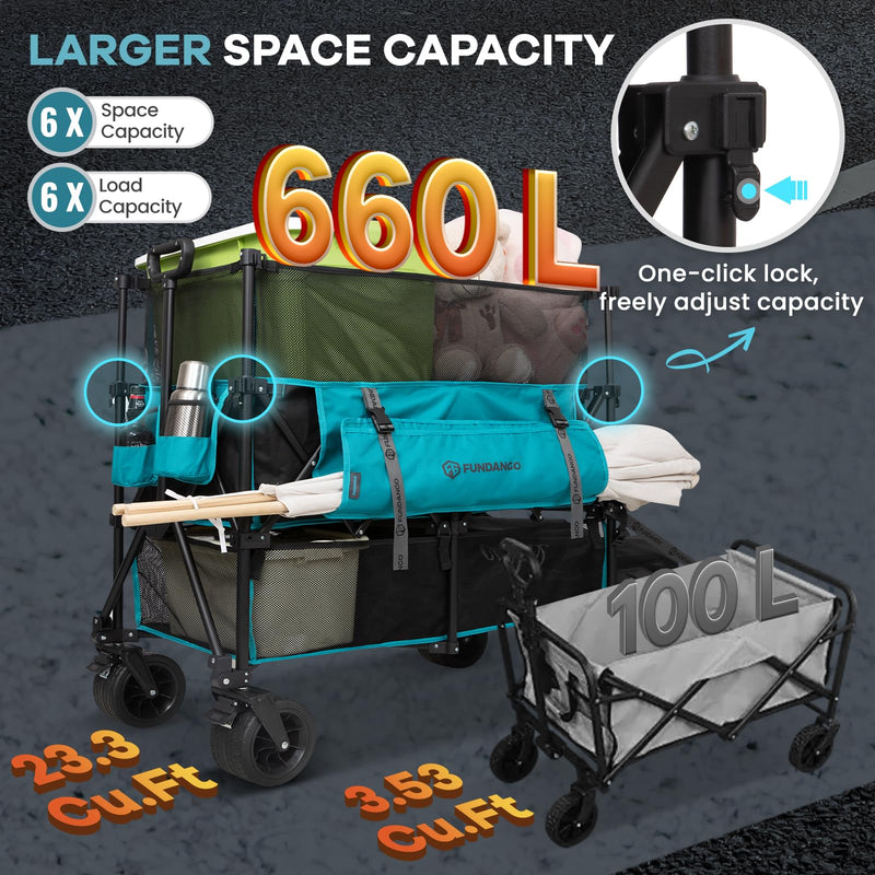 Load image into Gallery viewer, FUNDANGO Heavy Duty Double Decker Wagon – 660L Capacity All-Terrain Folding Cart with Brakes &amp; Tailgate
