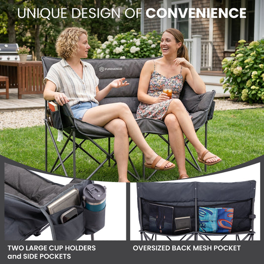 FUNDANGO Heavy Duty Oversized Loveseat for Two with 450g Ultra-Thick Padding, Cup Holders & Mesh Pocket, 880lb Capacity Portable Folding Couch for Beach, Camping & Tailgating