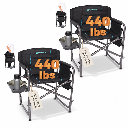 FUNDANGO Oversized Director Chair with Side Table, Padded Folding Camping Chair with Storage Pocket, 440 lbs Capacity - 2-PACK