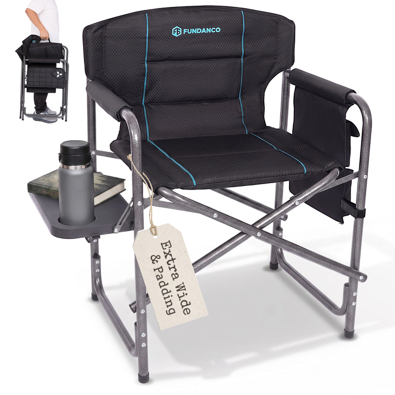 Laden Sie das Bild in Galerie -Viewer, FUNDANGO Oversized Director Chair with Side Table, Padded Folding Camping Chair with Storage Pocket, 440 lbs Capacity
