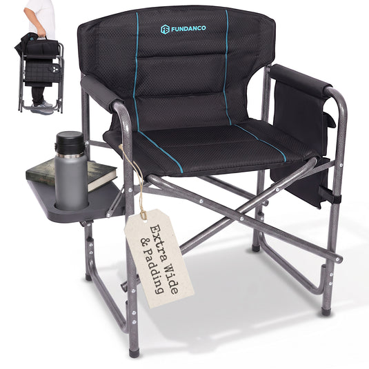 FUNDANGO Oversized Director Chair with Side Table, Padded Folding Camping Chair with Storage Pocket, 440 lbs Capacity