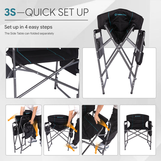 FUNDANGO Oversized Director Chair with Side Table, Padded Folding Camping Chair with Storage Pocket, 440 lbs Capacity