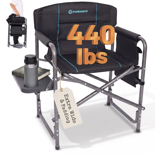 FUNDANGO Oversized Director Chair with Side Table, Padded Folding Camping Chair with Storage Pocket, 440 lbs Capacity