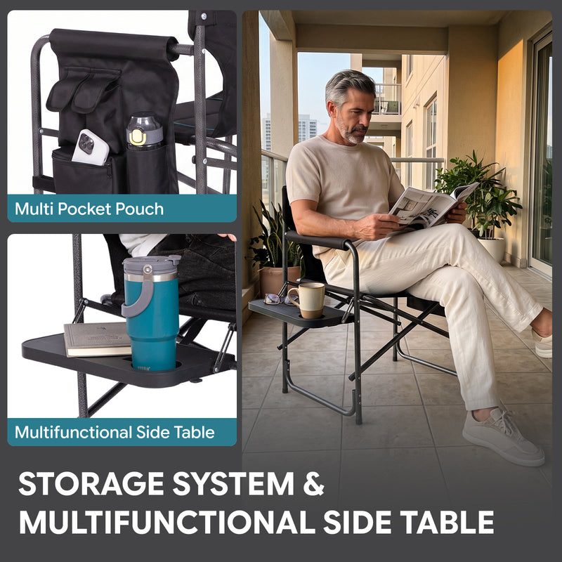 Laden Sie das Bild in Galerie -Viewer, FUNDANGO Oversized Director Chair with Side Table, Padded Folding Camping Chair with Storage Pocket, 440 lbs Capacity
