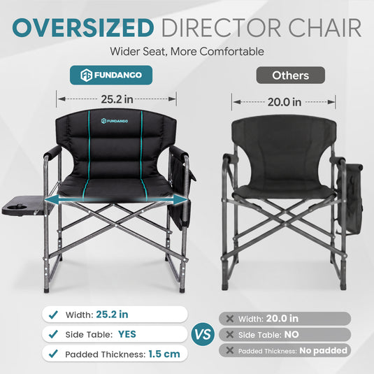 FUNDANGO Oversized Director Chair with Side Table, Padded Folding Camping Chair with Storage Pocket, 440 lbs Capacity