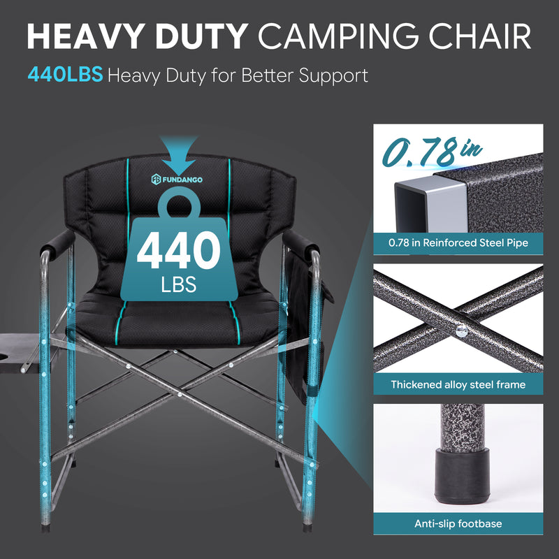 Laden Sie das Bild in Galerie -Viewer, FUNDANGO Oversized Director Chair with Side Table, Padded Folding Camping Chair with Storage Pocket, 440 lbs Capacity
