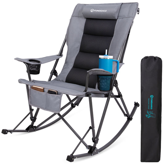 FUNDANGO Oversized Rocking Camping Chair | High Back Padded Folding Rocker with Cup Holders, 440lb Capacity Heavy Duty Outdoor Chair for Patio, Lawn, Beach & Tailgating 1pack Grey