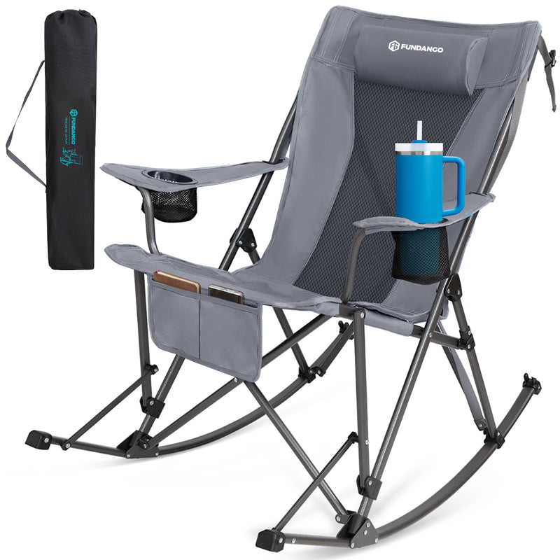 Load image into Gallery viewer, FUNDANGO Portable Rocking Camp Chair with Pillow &amp; Cup Holders High Back Padded Folding Rocker, 300lb Capacity Breathable Mesh Outdoor Chair Grey
