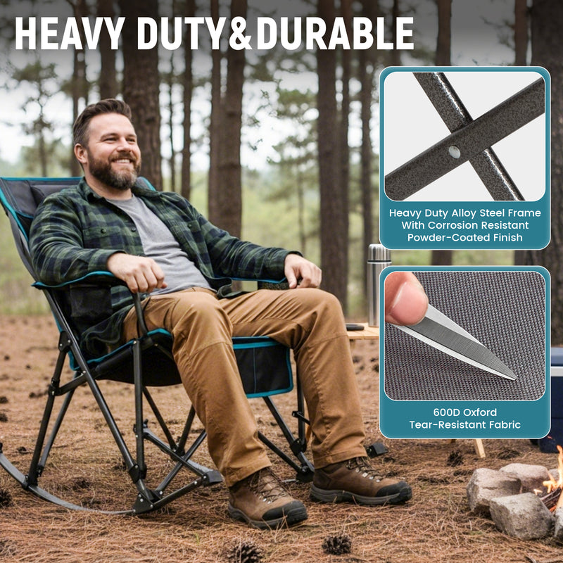 Load image into Gallery viewer, FUNDANGO Portable Rocking Camp Chair with Pillow &amp; Cup Holders High Back Padded Folding Rocker, 300lb Capacity Breathable Mesh Outdoor Chair Grey
