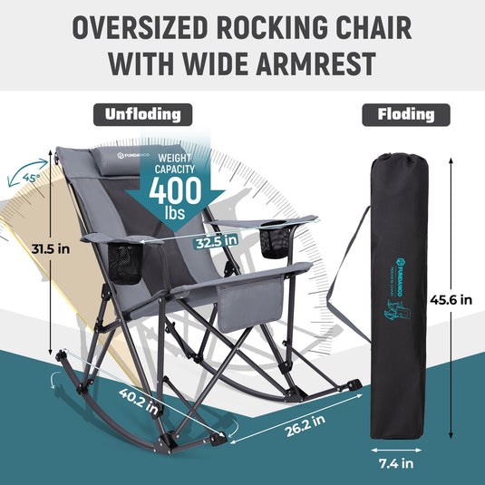 FUNDANGO Portable Rocking Camp Chair with Pillow & Cup Holders High Back Padded Folding Rocker, 300lb Capacity Breathable Mesh Outdoor Chair Grey