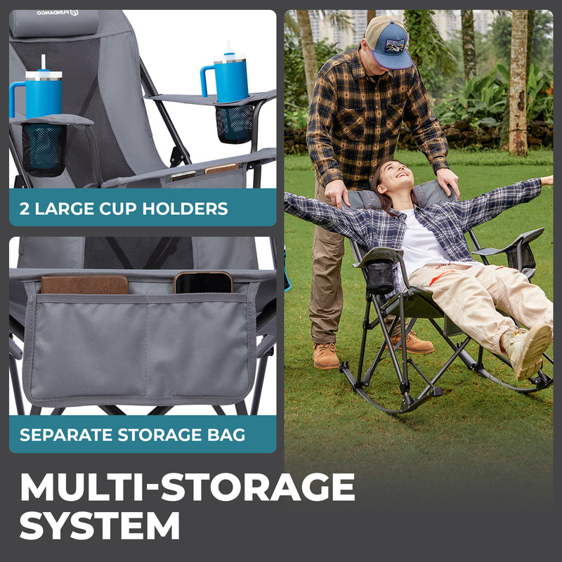 Load image into Gallery viewer, FUNDANGO Portable Rocking Camp Chair with Pillow &amp; Cup Holders High Back Padded Folding Rocker, 300lb Capacity Breathable Mesh Outdoor Chair Grey
