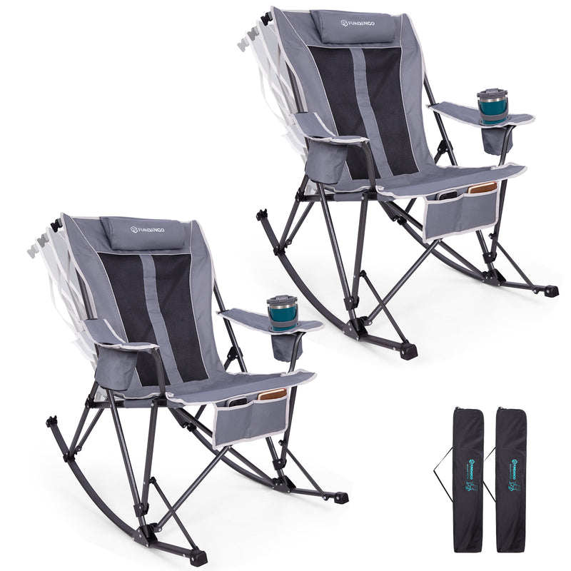 Load image into Gallery viewer, FUNDANGO SunsetHaven 3D Mesh L Portable Rocking Camp Chair High-Back Padded Rocker with Breathable 3D Mesh, 440lb Capacity, Dual Cup Holders &amp; Side Pocket for Patio, Beach &amp; Camping
