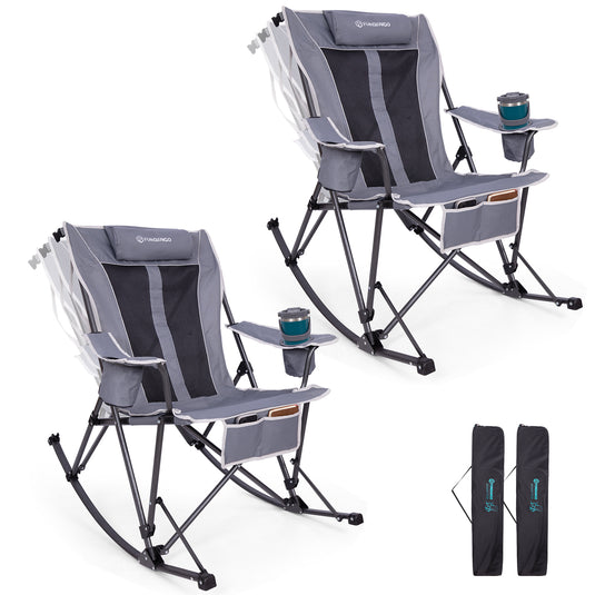 FUNDANGO SunsetHaven 3D Mesh L Portable Rocking Camp Chair High-Back Padded Rocker with Breathable 3D Mesh, 440lb Capacity, Dual Cup Holders & Side Pocket for Patio, Beach & Camping