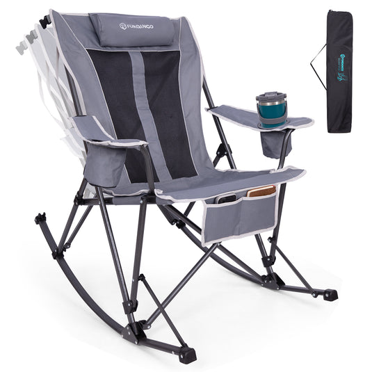 FUNDANGO SunsetHaven 3D Mesh L Portable Rocking Camp Chair High-Back Padded Rocker with Breathable 3D Mesh, 440lb Capacity, Dual Cup Holders & Side Pocket for Patio, Beach & Camping