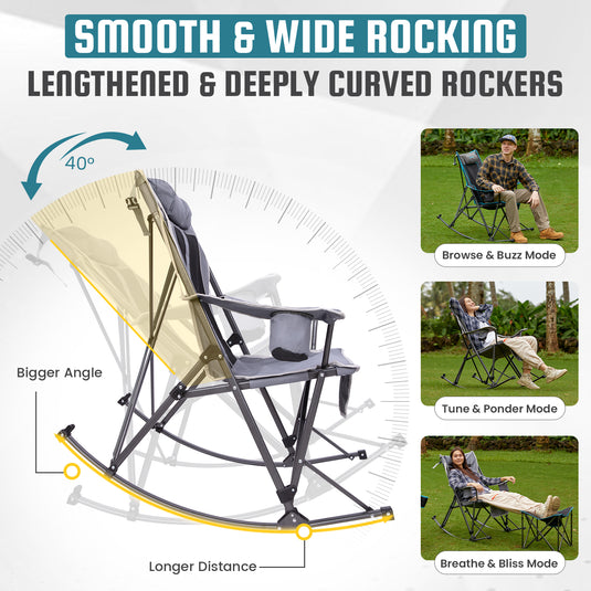 FUNDANGO SunsetHaven 3D Mesh L Portable Rocking Camp Chair High-Back Padded Rocker with Breathable 3D Mesh, 440lb Capacity, Dual Cup Holders & Side Pocket for Patio, Beach & Camping