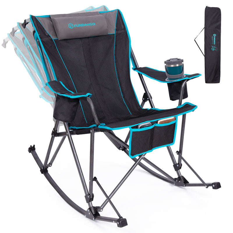Load image into Gallery viewer, FUNDANGO SunsetHaven 3D Mesh L Portable Rocking Camp Chair High-Back Padded Rocker with Breathable 3D Mesh, 440lb Capacity, Dual Cup Holders &amp; Side Pocket for Patio, Beach &amp; Camping
