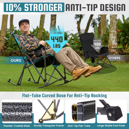 FUNDANGO SunsetHaven 3D Mesh L Portable Rocking Camp Chair High-Back Padded Rocker with Breathable 3D Mesh, 440lb Capacity, Dual Cup Holders & Side Pocket for Patio, Beach & Camping
