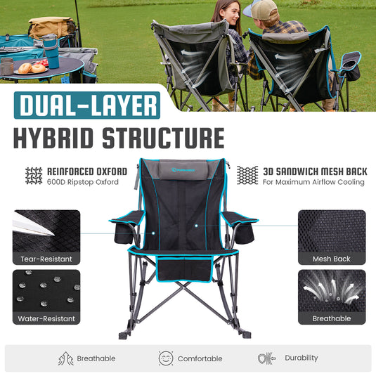 FUNDANGO SunsetHaven 3D Mesh L Portable Rocking Camp Chair High-Back Padded Rocker with Breathable 3D Mesh, 440lb Capacity, Dual Cup Holders & Side Pocket for Patio, Beach & Camping