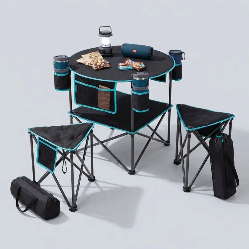 Load image into Gallery viewer, FUNDANGO Tailgate &amp; Camping Comfort Bundle | Double-Deck Table + 2-Pack Heavy Duty Tripod Stools, Portable Outdoor Seating &amp; Dining Set
