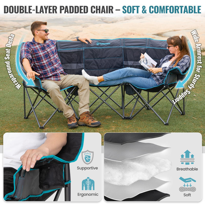 Load image into Gallery viewer, FUNDANGO Triple Camping Chair with Cooler – 3 Seater Camping Counch
