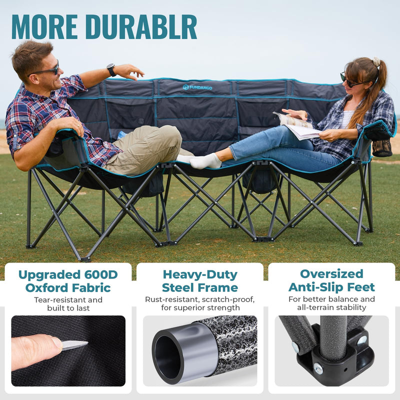 Load image into Gallery viewer, FUNDANGO Triple Camping Chair with Cooler – 3 Seater Camping Counch
