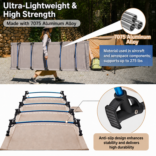 FUNDANGO Ultralight Folding Camping Cot | Extra Long & Wide 78.7" x 27.2" for Adults, 7075 Aluminum Frame Supports 275lbs, Compact Portable Cot for Backpacking, Tent & Home Guest