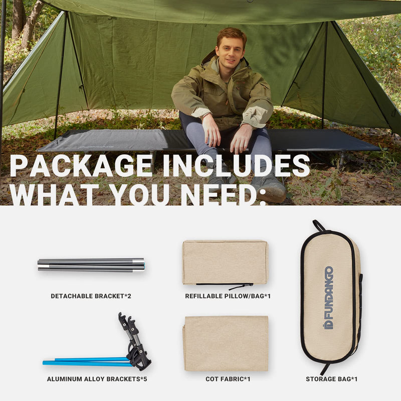 Laden Sie das Bild in Galerie -Viewer, FUNDANGO Ultralight Folding Camping Cot | Extra Long &amp; Wide 78.7" x 27.2" for Adults, 7075 Aluminum Frame Supports 275lbs, Compact Portable Cot for Backpacking, Tent &amp; Home Guest
