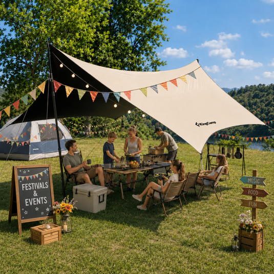 A large beige and black KAYPOO tarp shade is set up on a grassy lawn under a blue sky, providing a picnic area for a family. A blue and gray tent is pitched in the background, with a 'Festivals & Events' chalkboard sign in the foreground.