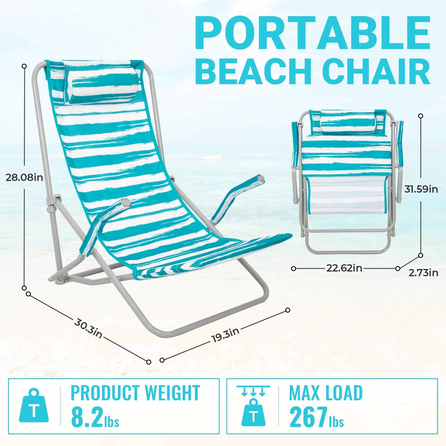 Arrowhead Outdoor 2-Pack Low Beach Chairs – 20° Reclining, Padded Headrest, 300 Lb Capacity