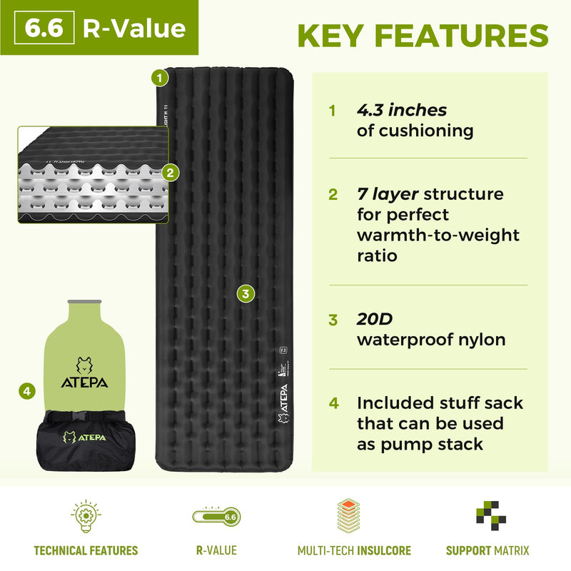Load image into Gallery viewer, ATEPA ThermAir Pro Ultralight Sleeping Pad - R-Value 6.6 for Winter Camping, Insulated &amp; Inflatable Mat for Backpacking, 4.3&quot; Thick, Warm to -4°F
