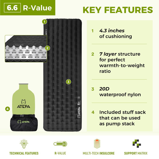 ATEPA Ultralight Insulated Inflatable Sleeping Pad R Value 6.6 with stuff sack