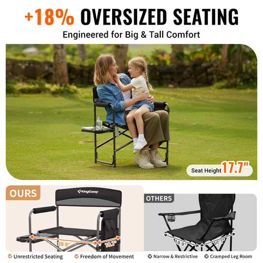 KingCamp ASH B10 Heavy Duty Director's Chair | Oversized 396lb Capacity Camping Chair with Foldable Side Table & Detachable Pocket, Padded Seat for Big & Tall Adults, One-Step Fold for Tailgating & Lawn
