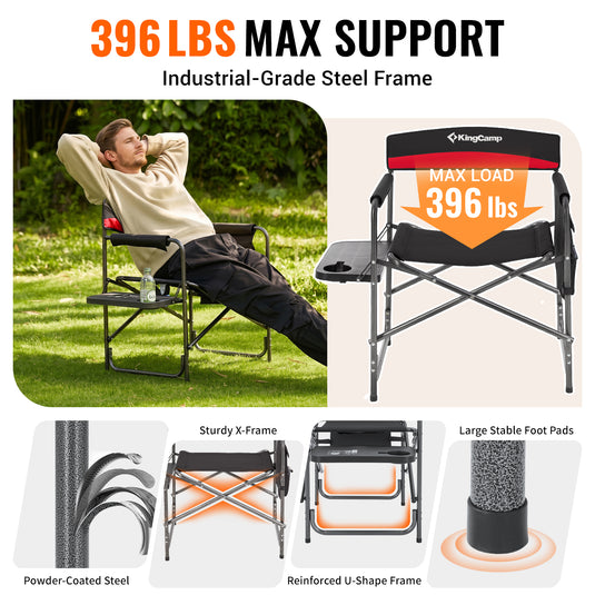 KingCamp ASH B10 Heavy Duty Director's Chair | Oversized 396lb Capacity Camping Chair with Foldable Side Table & Detachable Pocket, Padded Seat for Big & Tall Adults, One-Step Fold for Tailgating & Lawn