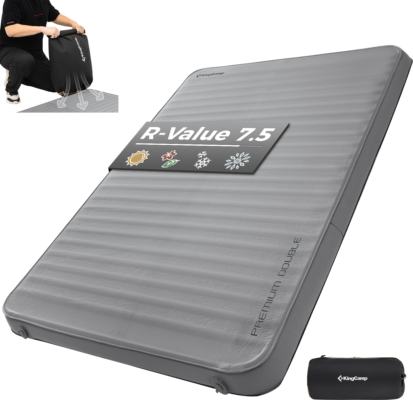 KingCamp PREMIUM Double 7.5 cm Thick Self-Inflating Camping Mattress- in Black