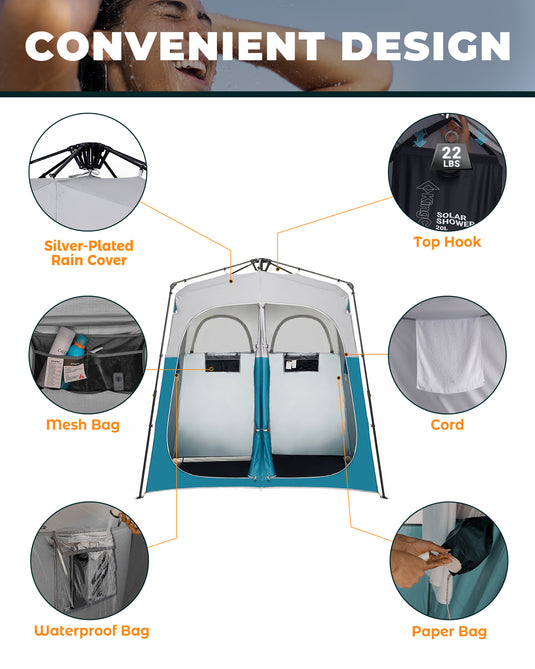 KingCamp Double Privacy Shelter | 2-Room Pop-Up Shower Tent with UPF50+ Sun Protection, XL 7x7ft Interior for Camping Shower, Toilet & Changing Room Cyan