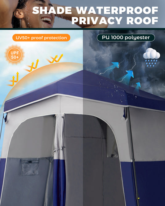 KingCamp Double Privacy Shelter | 2-Room Pop-Up Shower Tent with UPF50+ Sun Protection, XL 7x7ft Interior for Camping Shower, Toilet & Changing Room Navy