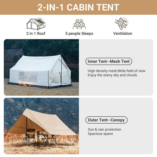 KingCamp Canvas Cabin Tent with Large Windows, Waterproof & Breathable 4 Season Tents, Easy Setup Glamping Tent with Carry Bag, for Camping, Picnic